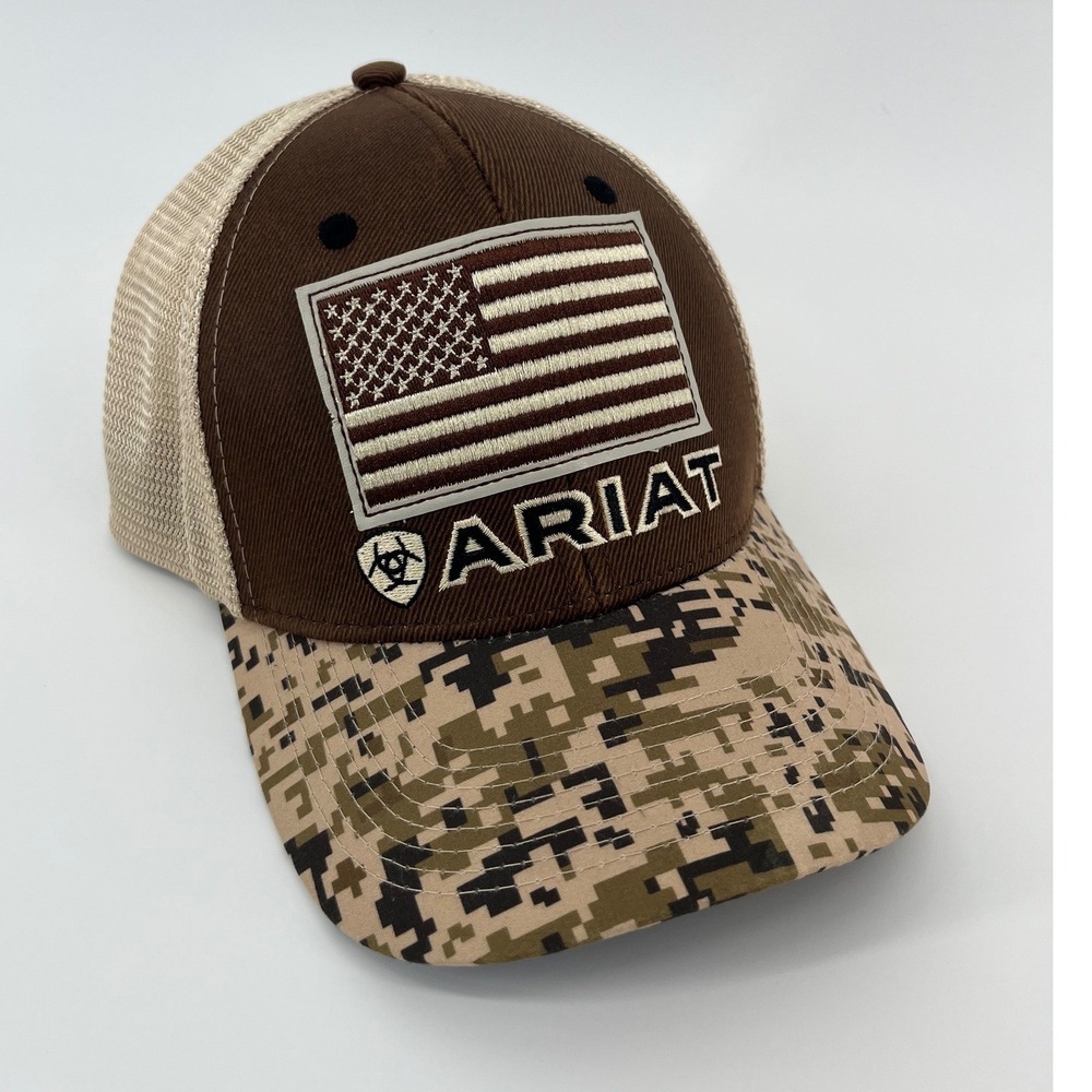 Ariat Trucker Hat Mens OSFM Brown Camo American Flag Snapback Mesh Cap